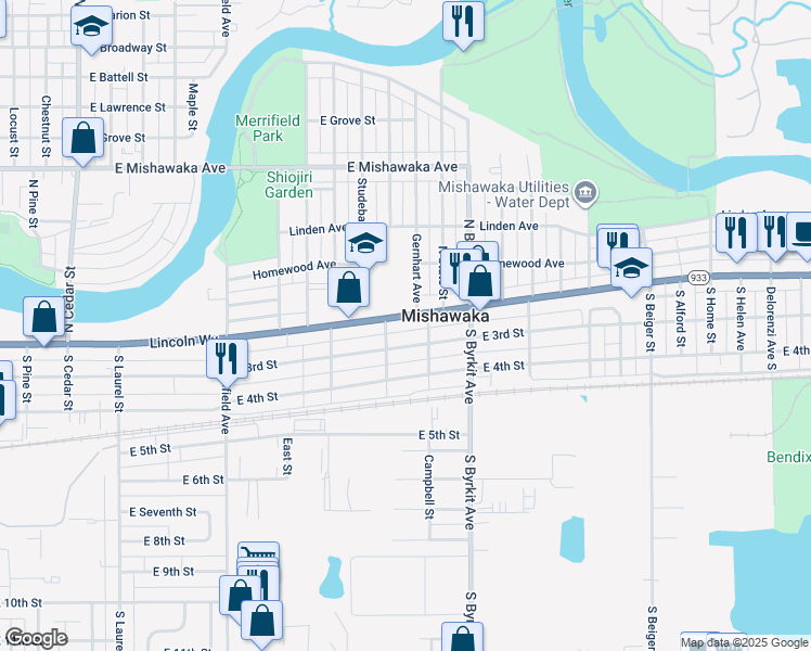 map of restaurants, bars, coffee shops, grocery stores, and more near 1221 East 3rd Street in Mishawaka