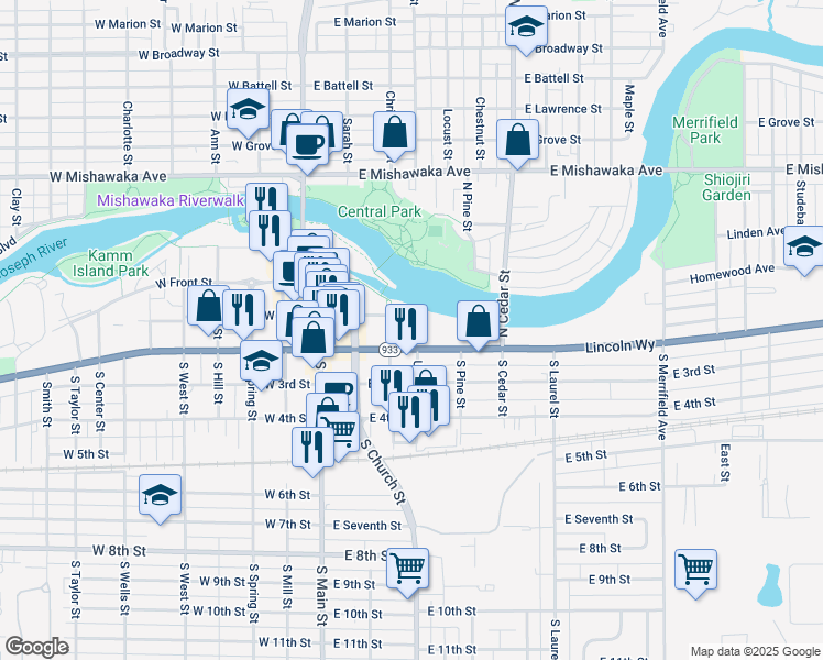 map of restaurants, bars, coffee shops, grocery stores, and more near 401 Lincolnway E in Mishawaka