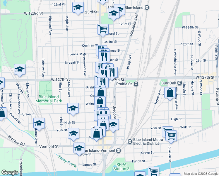 map of restaurants, bars, coffee shops, grocery stores, and more near 12757 South Western Avenue in Blue Island