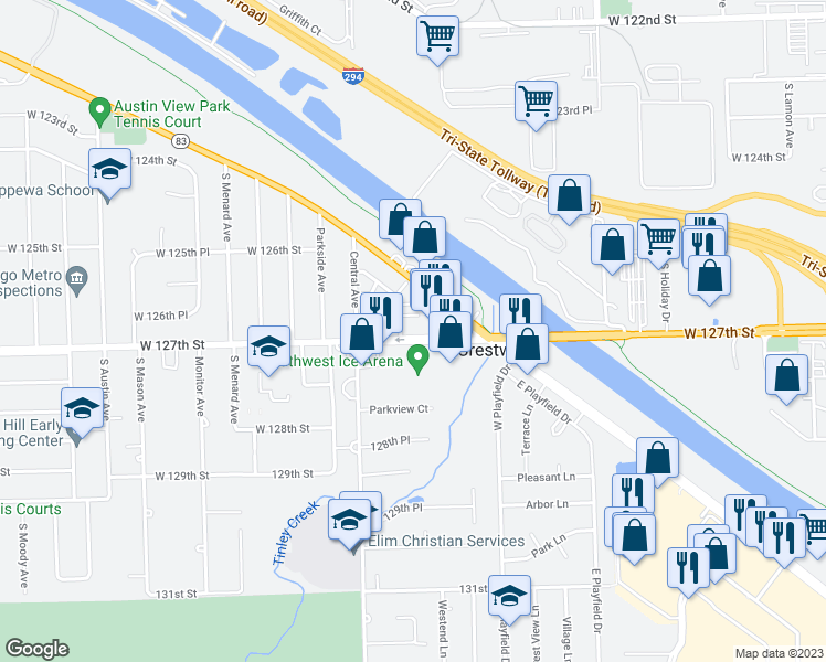 map of restaurants, bars, coffee shops, grocery stores, and more near 5539 West 127th Street in Crestwood