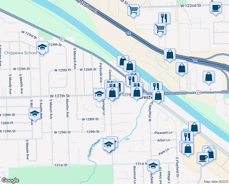 map of restaurants, bars, coffee shops, grocery stores, and more near in Crestwood