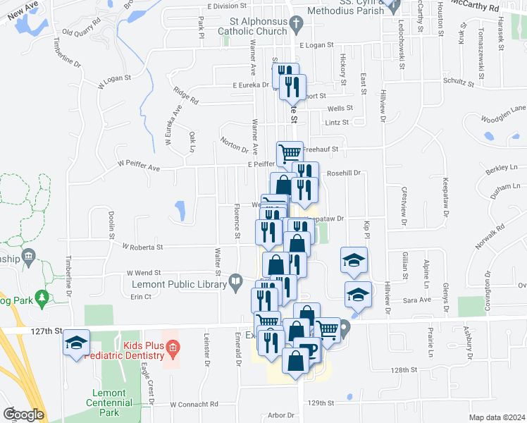 map of restaurants, bars, coffee shops, grocery stores, and more near 1101 Warner Avenue in Lemont