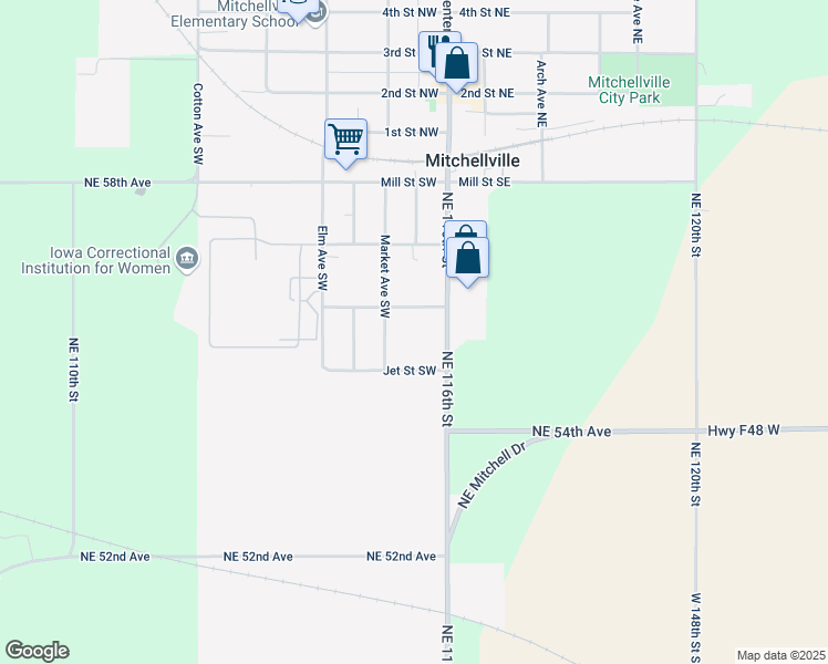 map of restaurants, bars, coffee shops, grocery stores, and more near 115 Jet Street Southwest in Mitchellville