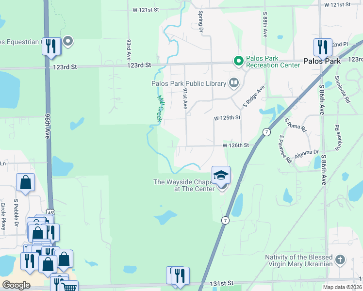 map of restaurants, bars, coffee shops, grocery stores, and more near 13962 91st Avenue in Palos Park