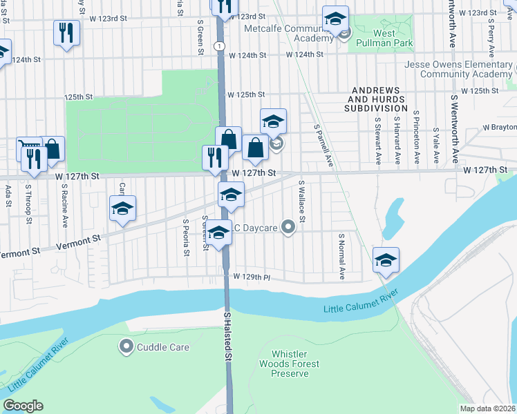 map of restaurants, bars, coffee shops, grocery stores, and more near 12812 South Union Avenue in Chicago