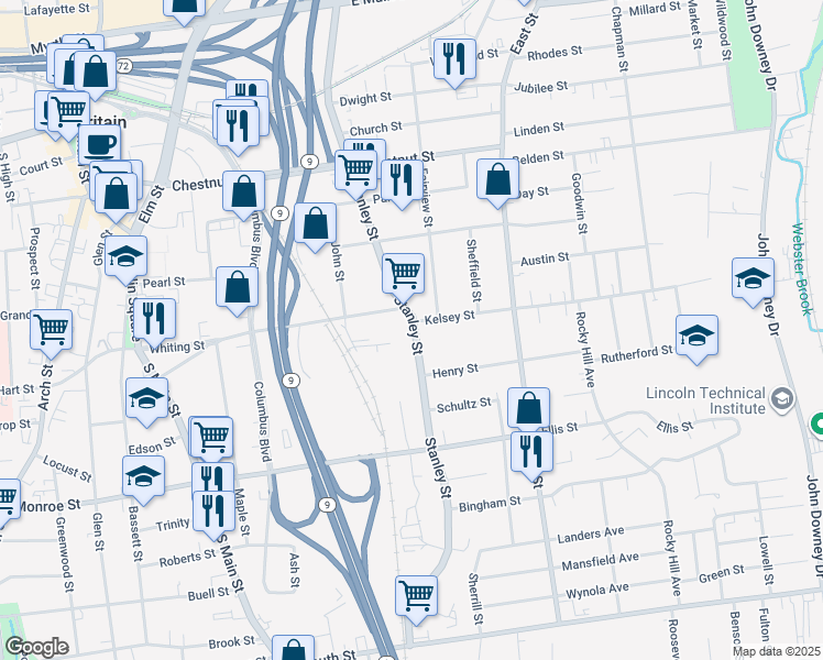 map of restaurants, bars, coffee shops, grocery stores, and more near 494 Stanley Street in New Britain