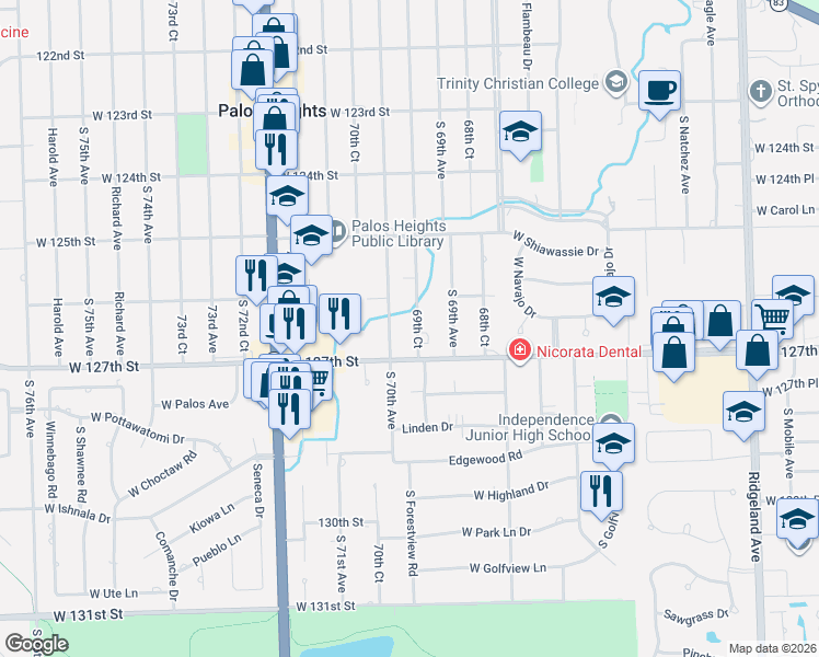 map of restaurants, bars, coffee shops, grocery stores, and more near 12643 69th Court in Palos Heights