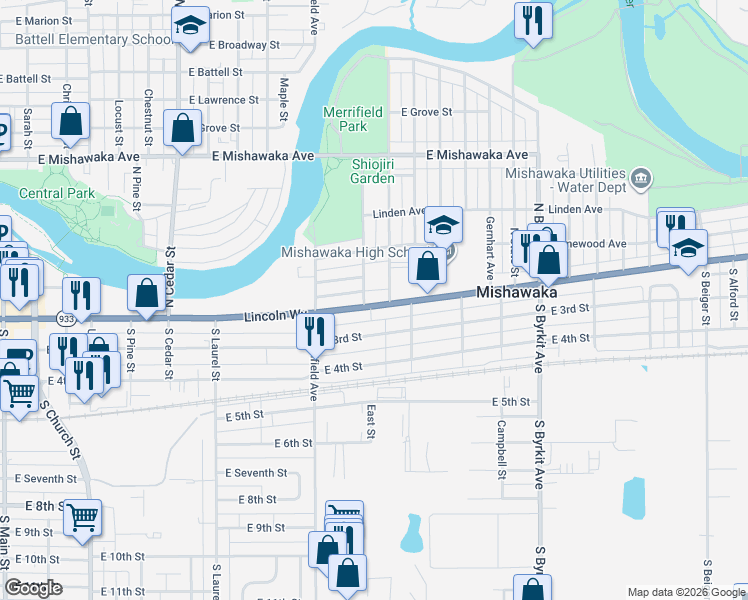 map of restaurants, bars, coffee shops, grocery stores, and more near 1012 Lincolnway East in Mishawaka
