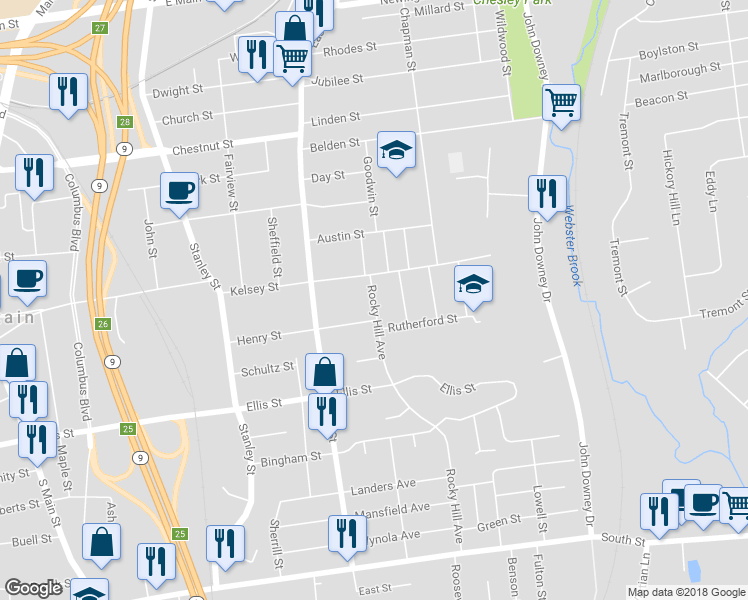 map of restaurants, bars, coffee shops, grocery stores, and more near 27 Rocky Hill Avenue in New Britain