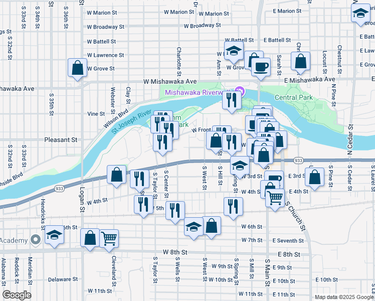 map of restaurants, bars, coffee shops, grocery stores, and more near 117 Towle Avenue in Mishawaka