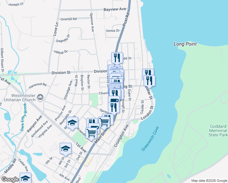 map of restaurants, bars, coffee shops, grocery stores, and more near 233 Main Street in East Greenwich