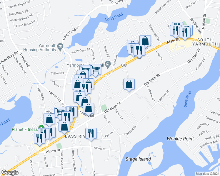 map of restaurants, bars, coffee shops, grocery stores, and more near 21 Sylvan Way in Yarmouth