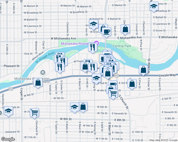 map of restaurants, bars, coffee shops, grocery stores, and more near 122 North Hill Street in Mishawaka