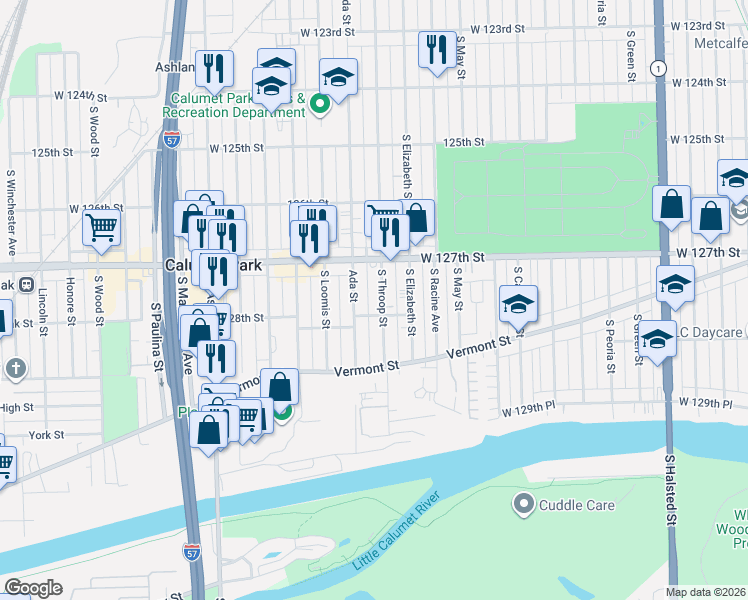 map of restaurants, bars, coffee shops, grocery stores, and more near 12706 South Throop Street in Calumet Park