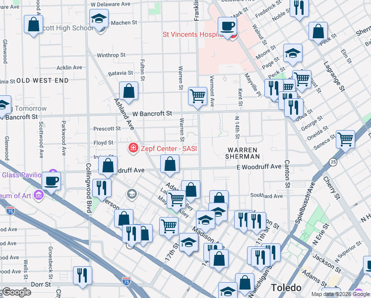 map of restaurants, bars, coffee shops, grocery stores, and more near 2038 Warren Street in Toledo