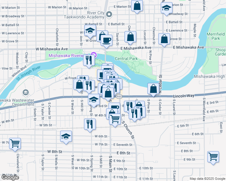 map of restaurants, bars, coffee shops, grocery stores, and more near 200 North Church Street in Mishawaka