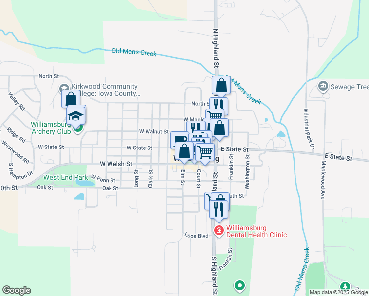 map of restaurants, bars, coffee shops, grocery stores, and more near 300 West State Street in Williamsburg