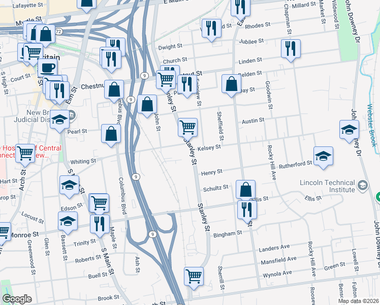 map of restaurants, bars, coffee shops, grocery stores, and more near 528 Stanley Street in New Britain