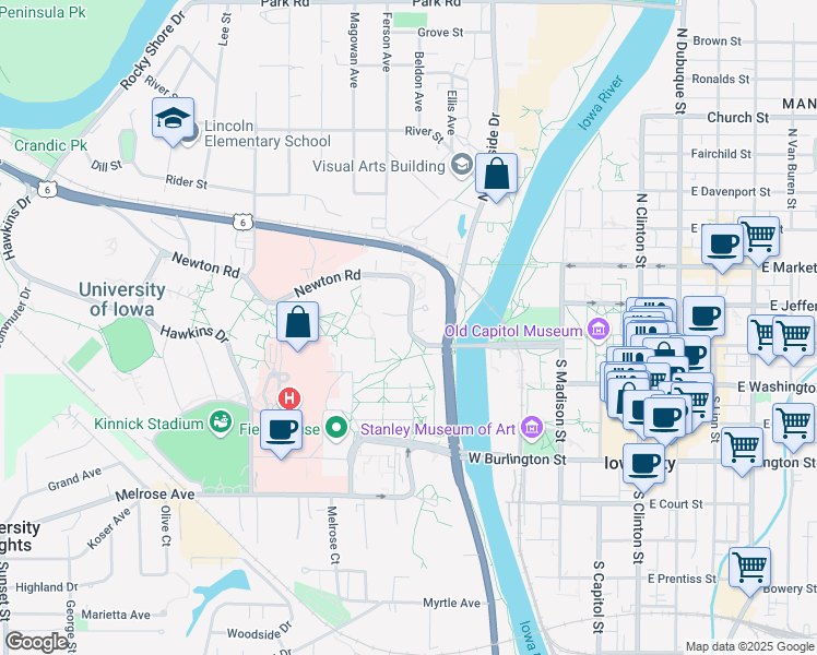 map of restaurants, bars, coffee shops, grocery stores, and more near 169 Newton Road in Iowa City