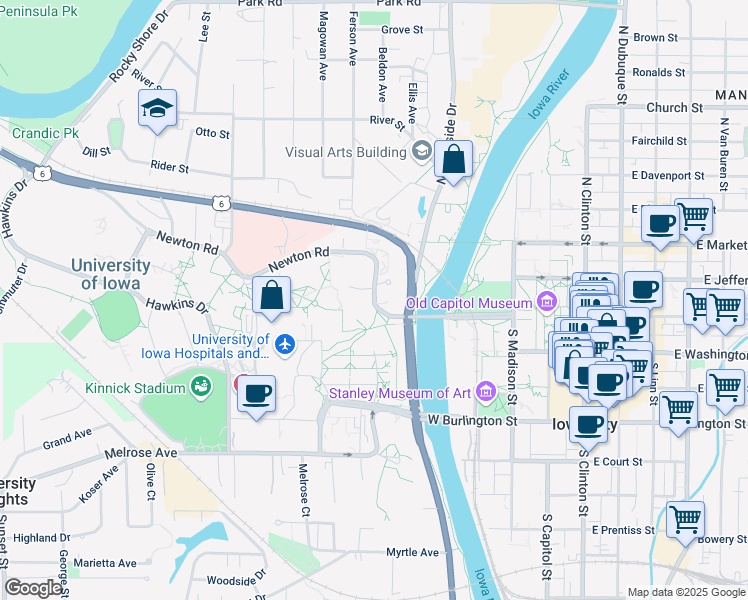 map of restaurants, bars, coffee shops, grocery stores, and more near 169 Newton Road in Iowa City
