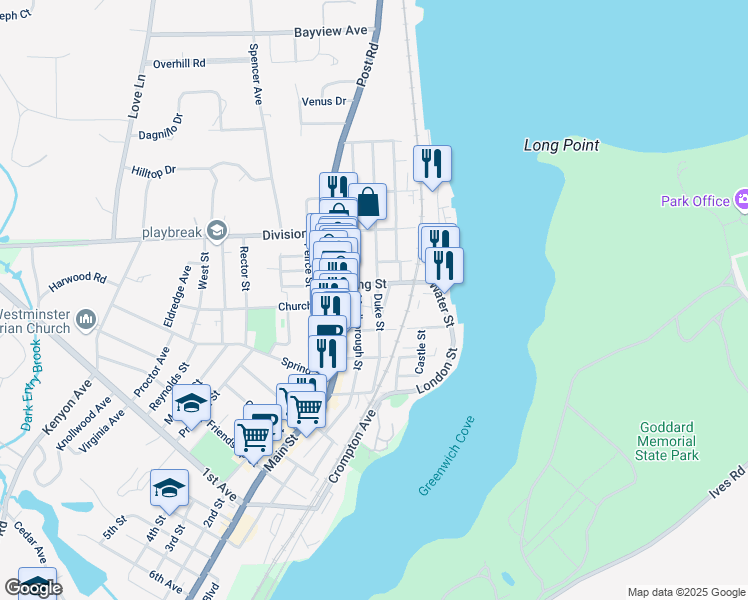 map of restaurants, bars, coffee shops, grocery stores, and more near 79 Duke Street in East Greenwich