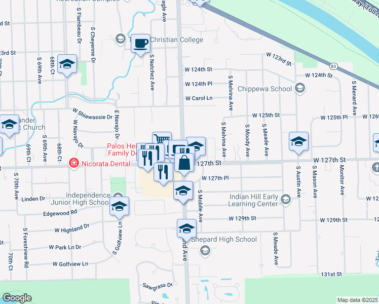 map of restaurants, bars, coffee shops, grocery stores, and more near 12657 South Ridgeland Avenue in Palos Heights
