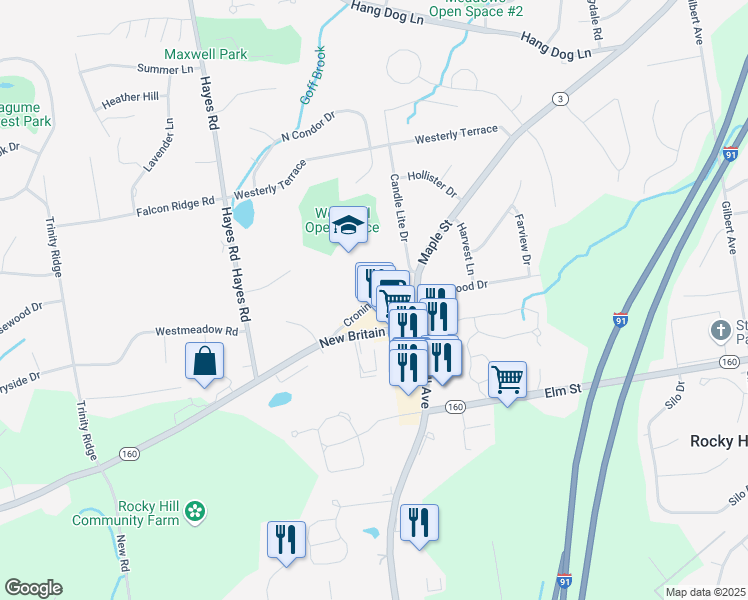 map of restaurants, bars, coffee shops, grocery stores, and more near 95 Cronin Drive in Rocky Hill