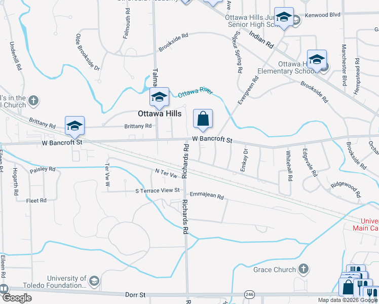 map of restaurants, bars, coffee shops, grocery stores, and more near 4105 West Bancroft Street in Toledo