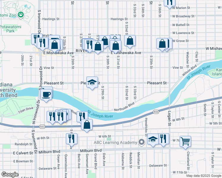 map of restaurants, bars, coffee shops, grocery stores, and more near 1124 South 30th Street in South Bend