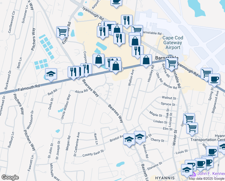map of restaurants, bars, coffee shops, grocery stores, and more near 62 Fresh Holes Road in Barnstable