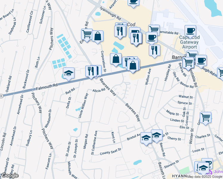 map of restaurants, bars, coffee shops, grocery stores, and more near 17 Hiramar Road in Barnstable