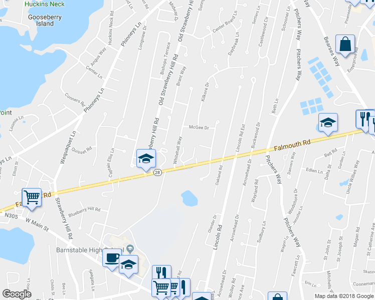 map of restaurants, bars, coffee shops, grocery stores, and more near 69 Whitehall Way in Barnstable
