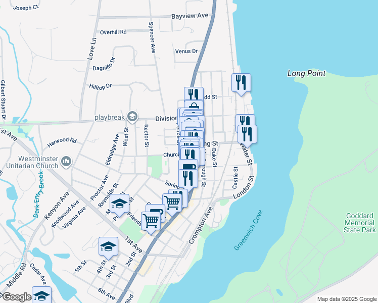 map of restaurants, bars, coffee shops, grocery stores, and more near 21 Court House Lane in East Greenwich