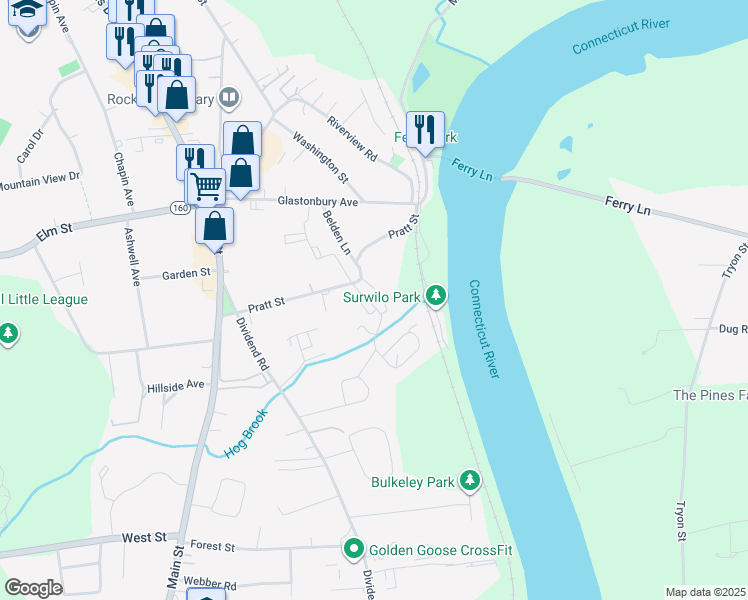 map of restaurants, bars, coffee shops, grocery stores, and more near 43 Pratt Street in Rocky Hill