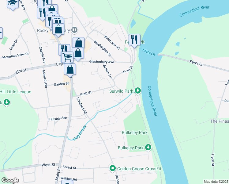 map of restaurants, bars, coffee shops, grocery stores, and more near 43 Pratt Street in Rocky Hill