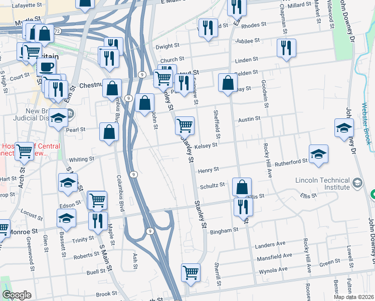 map of restaurants, bars, coffee shops, grocery stores, and more near 528 Stanley Street in New Britain