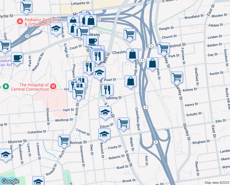 map of restaurants, bars, coffee shops, grocery stores, and more near 35 Pearl Street in New Britain