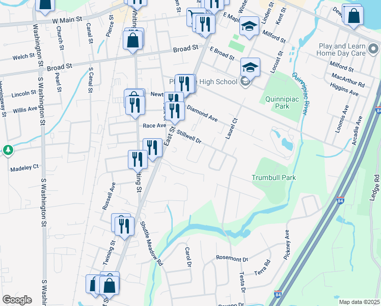map of restaurants, bars, coffee shops, grocery stores, and more near 9 Pershing Drive in Plainville