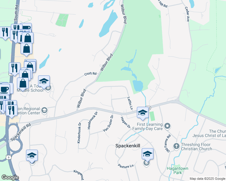 map of restaurants, bars, coffee shops, grocery stores, and more near 25 Laffin Lane in Poughkeepsie