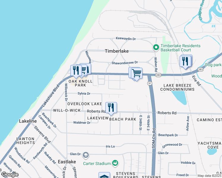 map of restaurants, bars, coffee shops, grocery stores, and more near 34810 Lakeshore Boulevard in Eastlake
