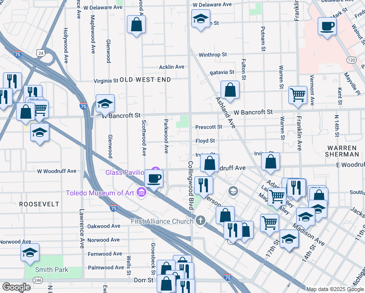 map of restaurants, bars, coffee shops, grocery stores, and more near 2115 Collingwood Boulevard in Toledo