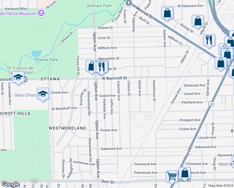map of restaurants, bars, coffee shops, grocery stores, and more near 2132 Joffre Avenue in Toledo