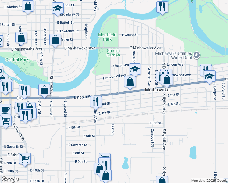 map of restaurants, bars, coffee shops, grocery stores, and more near 127 North Indiana Avenue in Mishawaka
