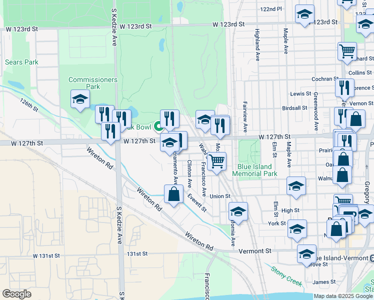 map of restaurants, bars, coffee shops, grocery stores, and more near 3000 West 127th Street in Blue Island