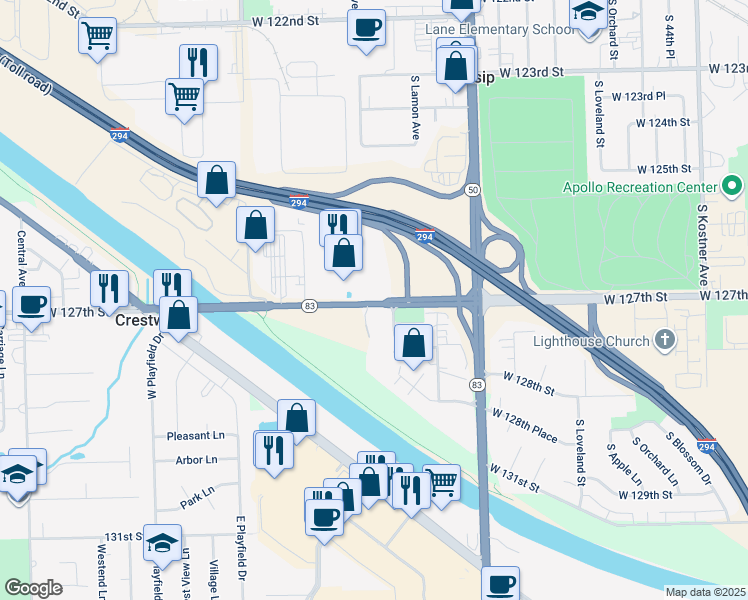 map of restaurants, bars, coffee shops, grocery stores, and more near 5030 West 127th Street in Alsip