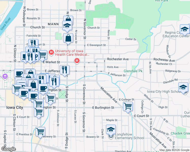 map of restaurants, bars, coffee shops, grocery stores, and more near 944 East Jefferson Street in Iowa City