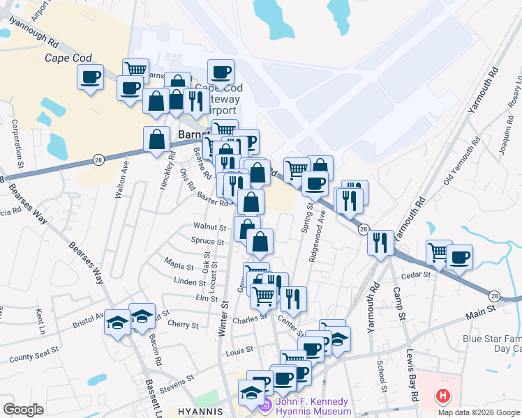 map of restaurants, bars, coffee shops, grocery stores, and more near 360 Barnstable Road in Barnstable