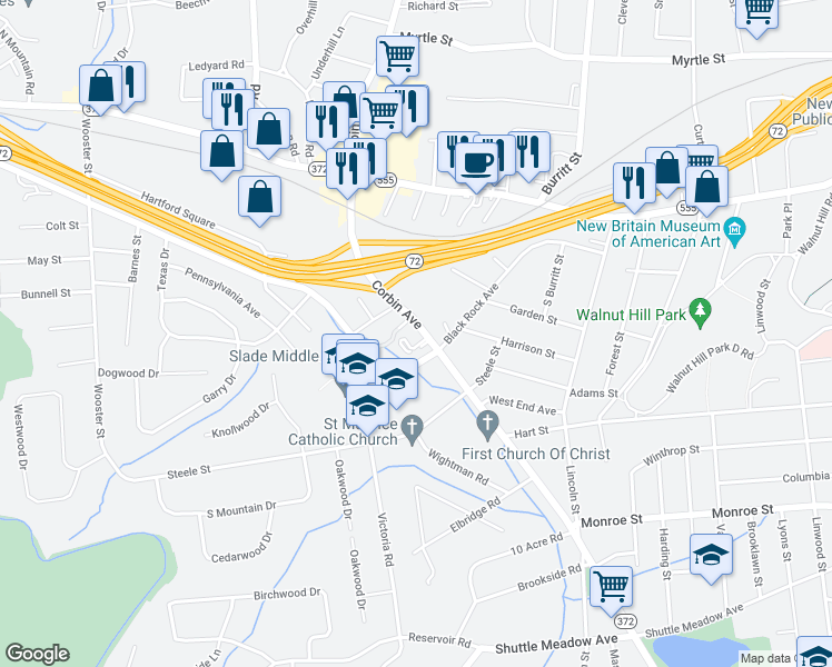 map of restaurants, bars, coffee shops, grocery stores, and more near 975 Corbin Avenue in New Britain