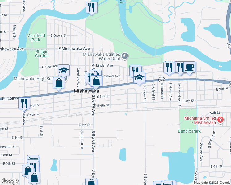 map of restaurants, bars, coffee shops, grocery stores, and more near 1533 Lincolnway E in Mishawaka