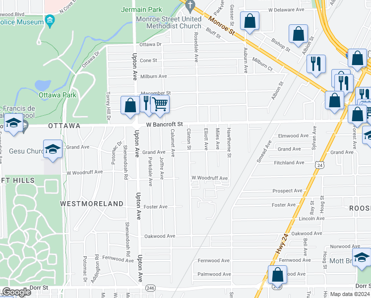 map of restaurants, bars, coffee shops, grocery stores, and more near 1706 Grand Avenue in Toledo